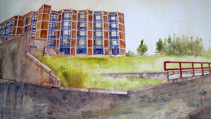 Hotel, mixed media on paper, by Jennifer Cunningham, After the Future exhibition at the Galway festival