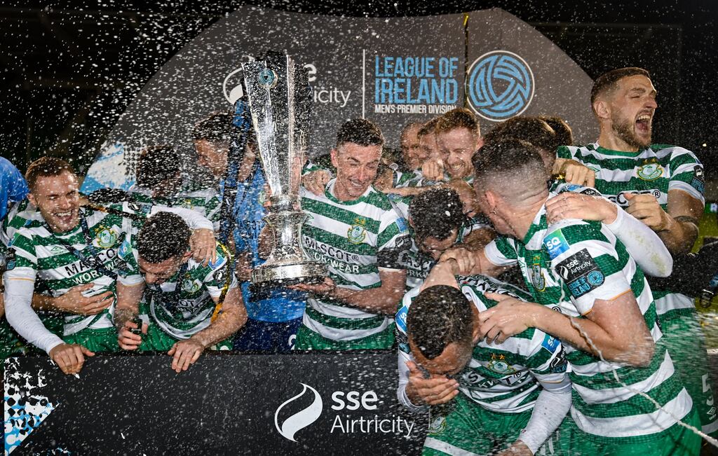 Shamrock Rovers celebrate winning their fourth consecutive League of Ireland title. Photograph: Stephen McCarthy/Sportsfile