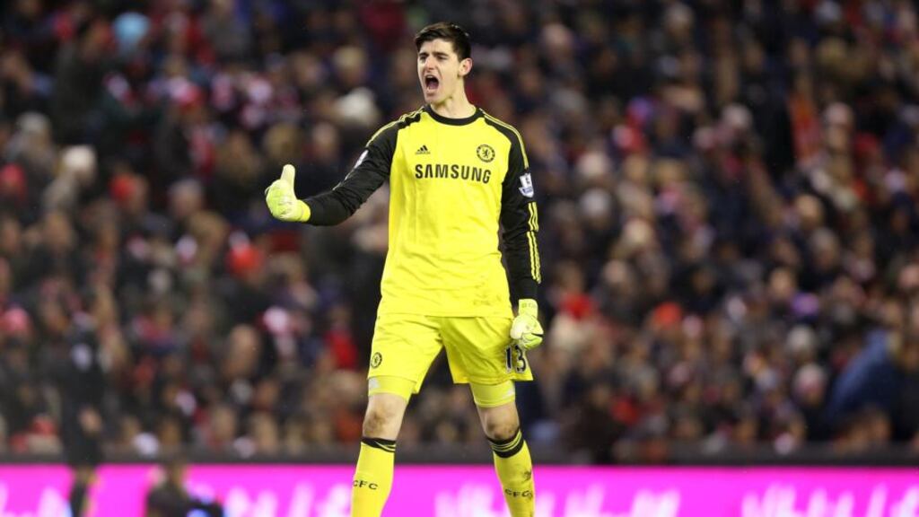 Chelsea’s Thibaut Courtois pulled off a number of crucial saves as his side drew 1-1 at Anfield in the League Cup semi final first leg. (Photograph: Peter Byrne/PA Wire)