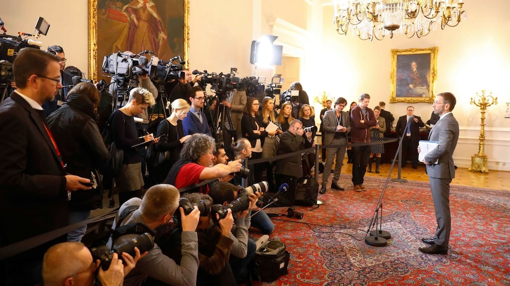 Austria’s interior minister, Herbert Kickl, speaks to the media as he arrives for a cabinet meeting in Vienna on Wednesday. Photograph: Leonhard Foeger/Reuters
