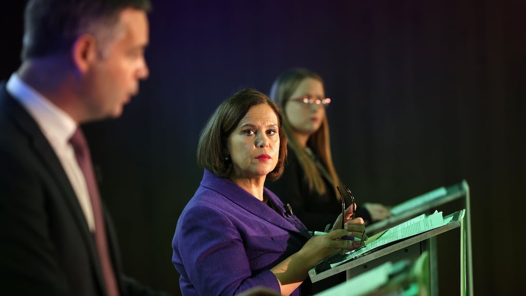 Sinn Féin President Mary Lou McDonald TD, spokesperson on Finance Pearse Doherty TD and spokesperson on Public Expenditure & Reform Mairéad Farrell TD at the publication of the party’s Budget 2022 proposals. Photograph: Dara Mac Dónaill / The Irish Times