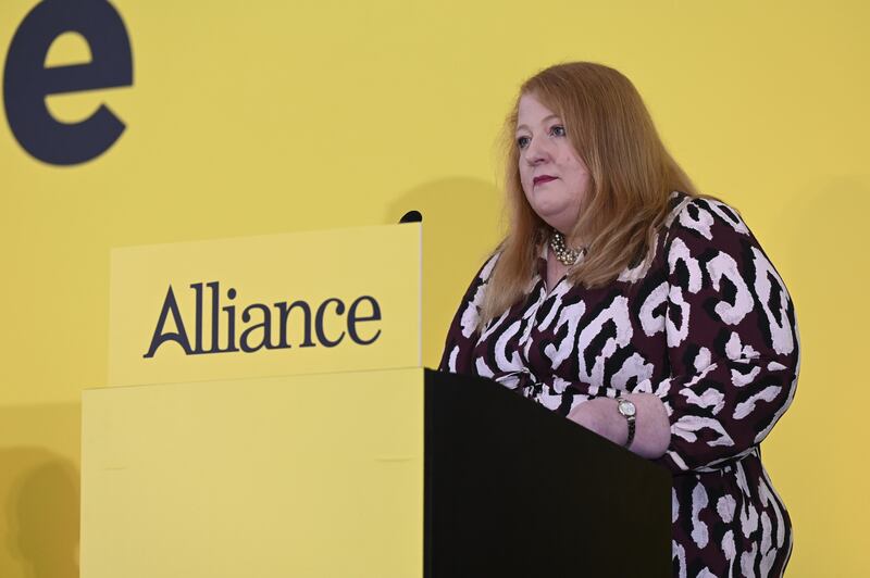 Leader Naomi Long delivering her speech at the Alliance Party annual conference in Belfast. Photograph: Neil Harrison Photography/PA