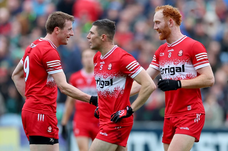 Derry’s Brendan Rogers and Conor Glass celebrate the late point which forced the game against Mayo to extra time. Derry will look to the duo for an edge at midfield against Kerry. Photograph: James Crombie/Inpho