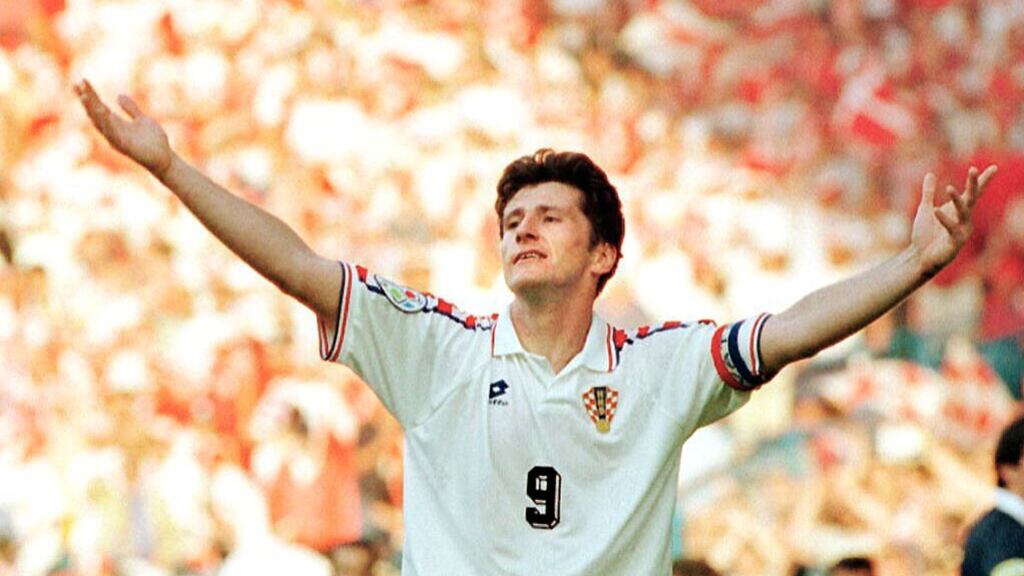 Croatian striker Davor Suker celebrates after scoring his second goal against Denmark in their group D clash at Euro 96. Croatia defeated the defending champions 3-0. Photo: Getty Images