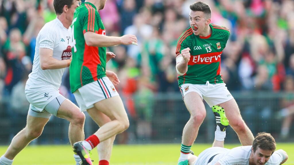 Evan Regan celebrates his first half goal in Mayo’s win over qualifier. Photograph: Inpho/James Crombie