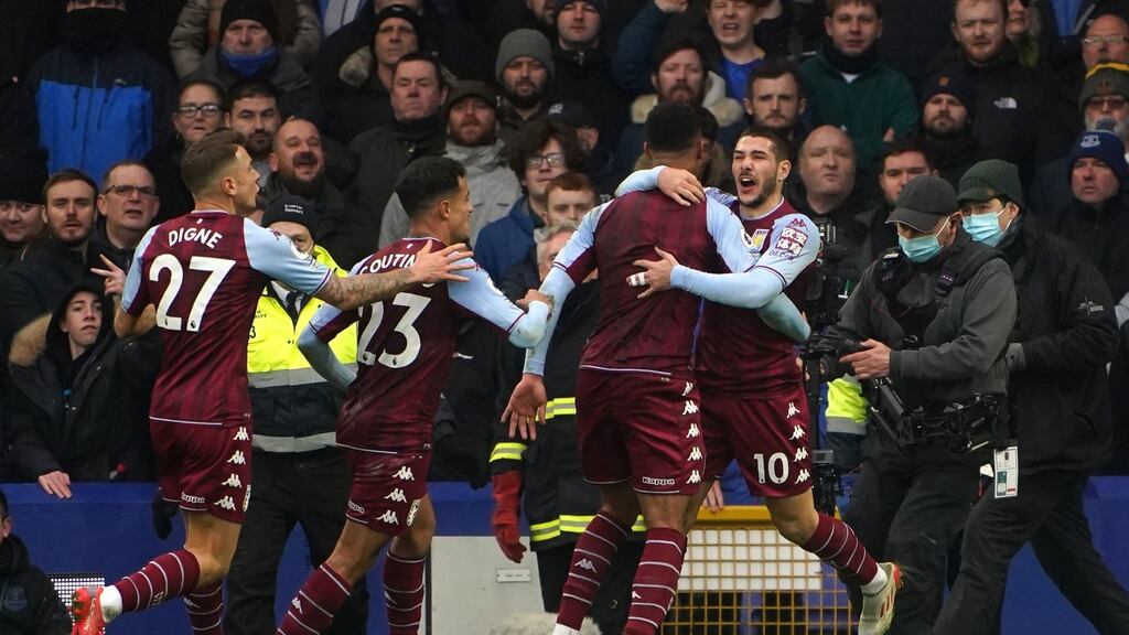 Aston Villa’s Emiliano Buendia celebrates scoring his side’s opener against Everton. Photograph: Peter Byrne/PA
