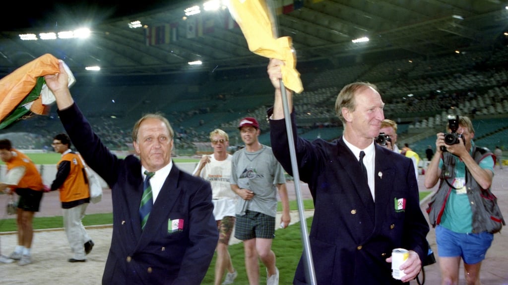 Ireland manager Jack Charlton and assistant Maurice Setters after the loss to Italy in the quarter-finals of the 1990 World Cup. Photo: Billy Stickland/Inpho