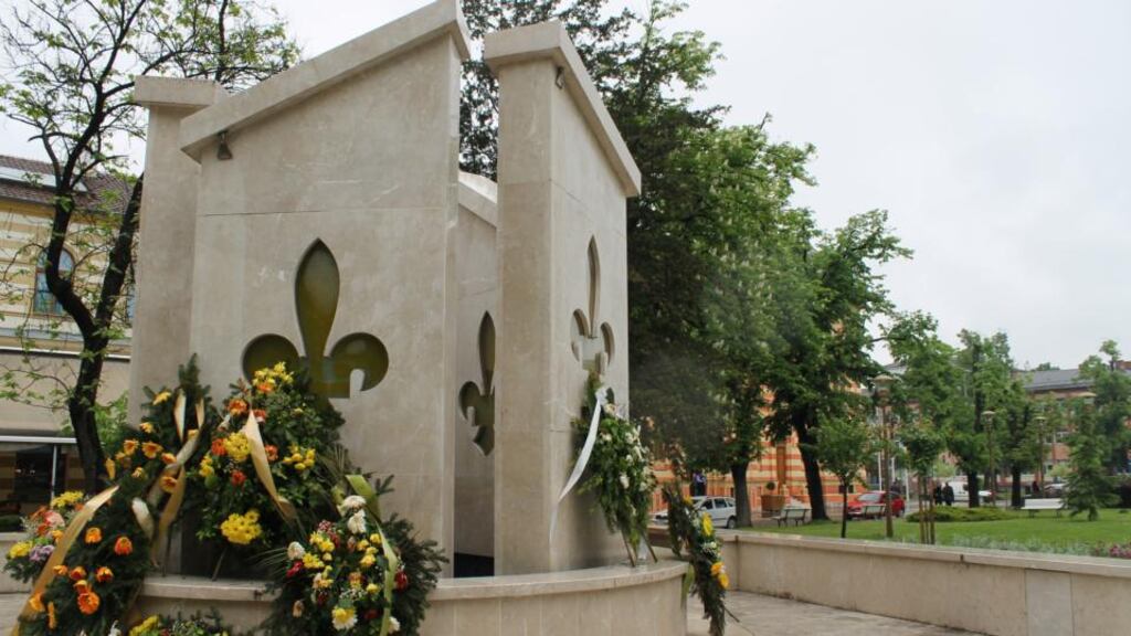 Bosniak memorial outside the town hall of Brcko. Photograph: Peter Geoghegan
