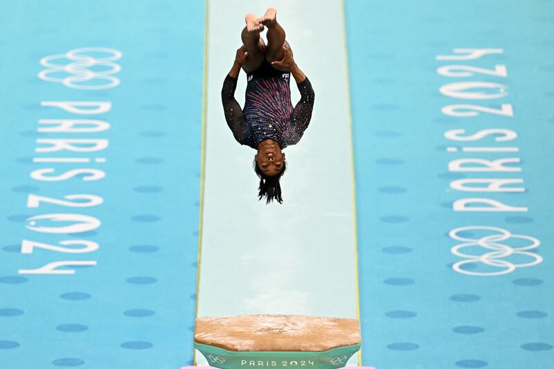 Simone Biles in an artistic gymnastics training session in Paris this week in advance of the Olympic Games. Photograph: Gabriel Bouys/AFP via Getty Images