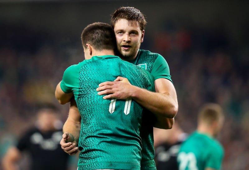 Iain Henderson and Jacob Stockdale embrace after the Saturday’s win over the All Blacks Photograph: Oisin Keniry/INPHO