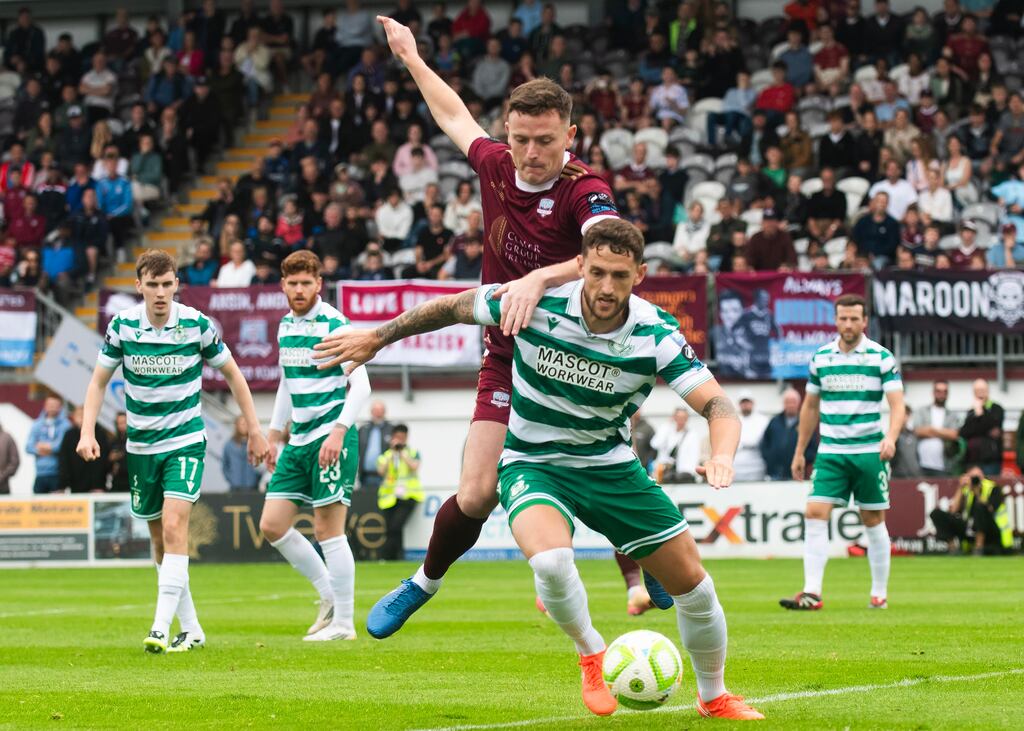 Galway United’s Killian Brouder and Shamrock Rovers’ Lee Grace. Photograph: Evan Logan/Inpho