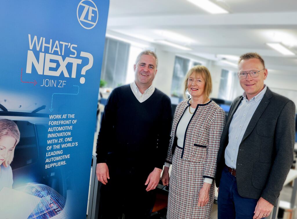 From left: Martin Sharkey, site Leader Ireland, ZF Group; Eileen Sharpe, head of engineering, IDA Ireland; and Benoit Dessart, head of business line digital solutions at ZF Aftermarket. Photograph: Maxwells