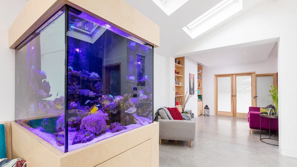 To create a sense of division between the kitchen/dining area and the second living space, the couple installed a marine aquarium