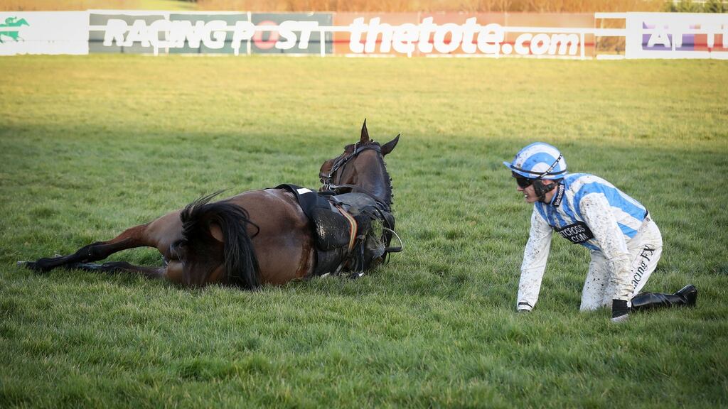 Killultagh Vic and Paul Townend after their final fence fall at Leopardstown. Photograph: Oisin Keniry/Inpho