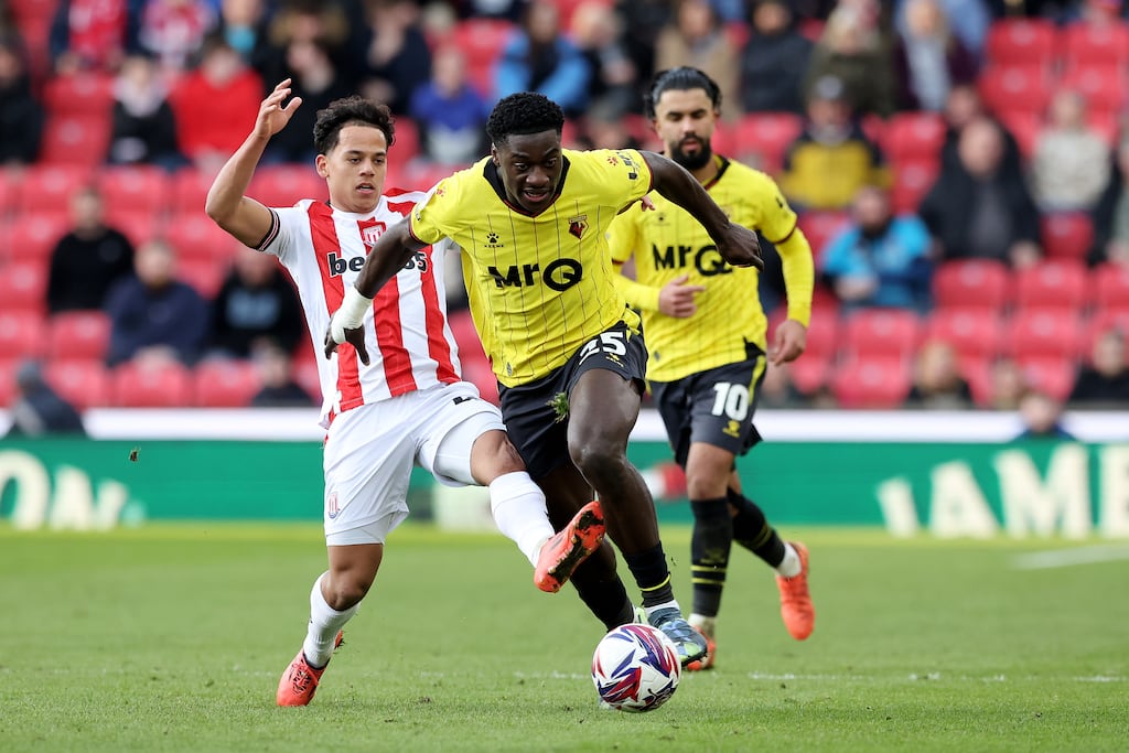 James Abankwah in action for Watford: the Udinese player is in line to make his debut in the relegation playoff against Bulgaria. Photograph: Barrington Coombs/PA Wire