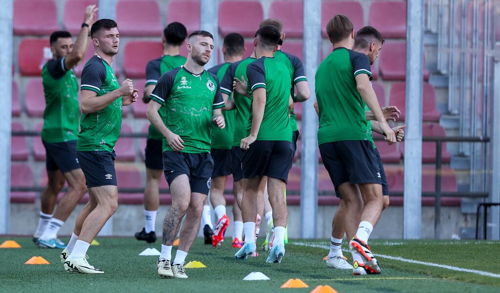 Jack Byrne and his Shamrock Rovers team-mates go through their paces during training at the epet ARENA, Prague. Photograph: Aleksandar Djorovic/Inpho