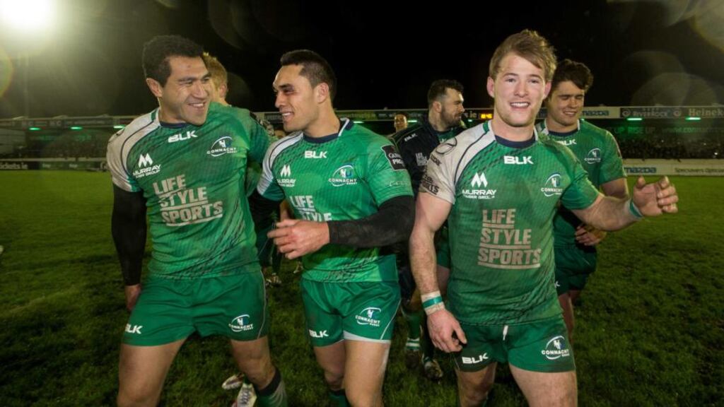 Connacht’s Mils Muliaina, Miah Nikora and Kieran Marmion enjoy victory over Munster. Photograph: James Crombie/Inpho