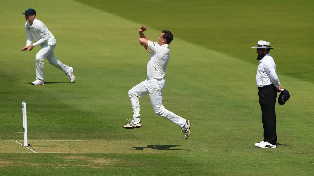 Tim Murtagh glides in to bowl for Ireland at Lord’s. Photograph: Stu Forster/Getty
