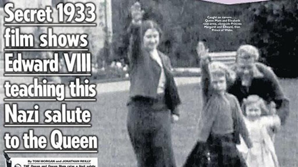 The Sun front page which reported a still of footage from 1933 that shows a young Queen performing a Nazi salute with her family at Balmoral.