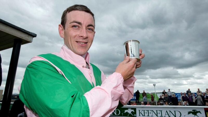 William Lordan celebrates winning the Keeneland Phoenix Stakes with Sudirman at the Curragh. Photograph: Morgan Treacy/Inpho