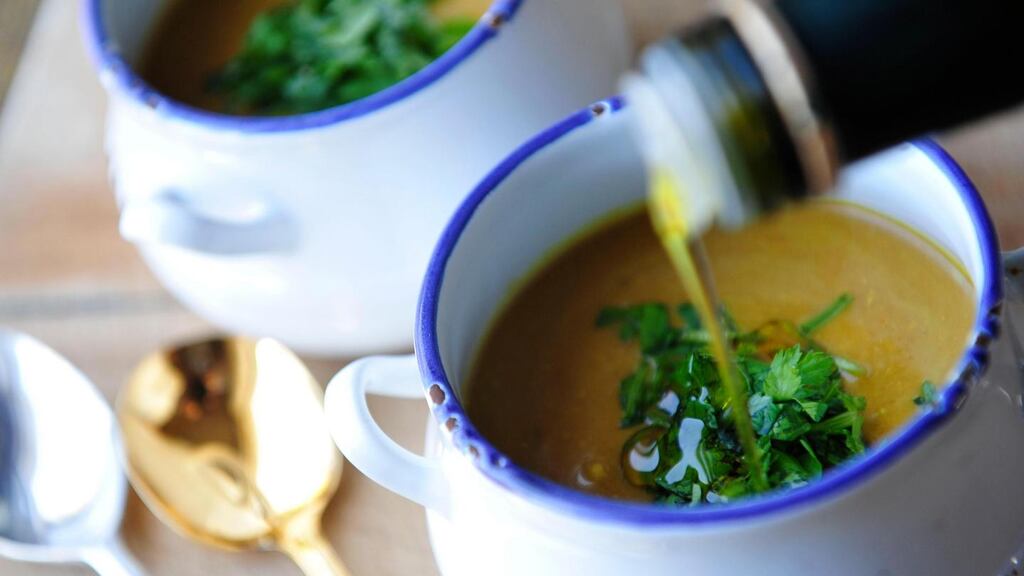 Butternut squash, miso and lime soup. Food cooked and styled by Domini Kemp and Gillian Fallon. Photograph: Aidan Crawley