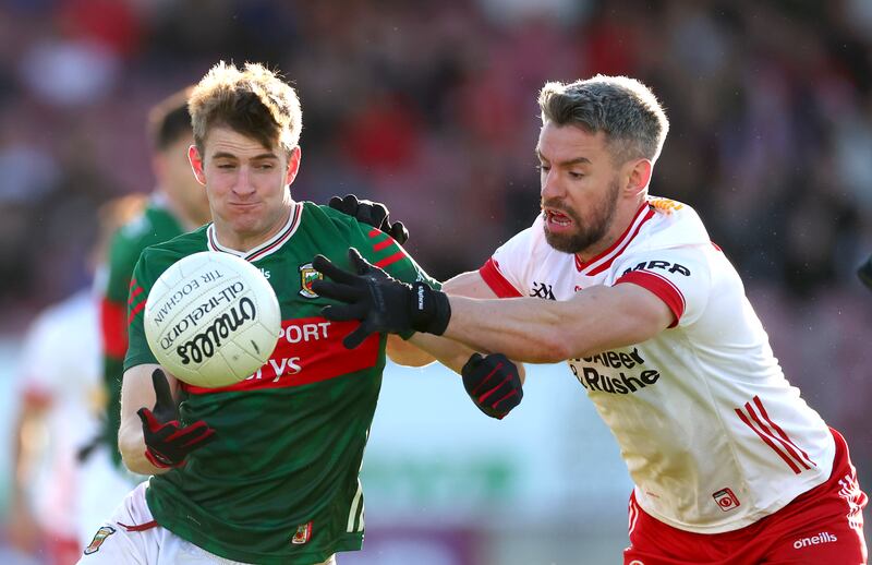Mayo’s Rory Brickenden and Mattie Donnelly of Tyrone. Photograph: James Crombie/Inpho