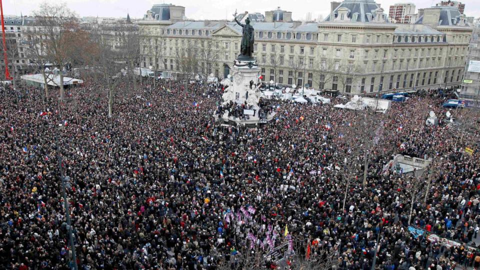 A general view shows hundreds of thousands of people gathering in the Place de la Republique in Paris for the national unity rally. Photograph: Reuters