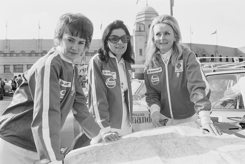 Drivers Alice Watson, Ginette Derolland, and Rosemary Smith during the 1970 London to Mexico World Cup Rally. Photograph: Evening Standard/Hulton Archive/Getty Images