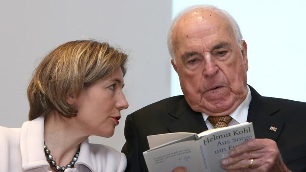 Former German chancellor Helmut Kohl and his wife Maike Richter-Kohl at the presentation of his new book Aus Sorge Um Europa (Out of Concern For Europe)  in Frankfurt. Photograph: Hannelore Foerster/Getty Images