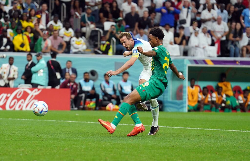 England captain Harry Kane scores the second goal during the World Cup Round of 16 game against Senegal at the Al-Bayt Stadium. Photograph: Mike Egerton/PA Wire