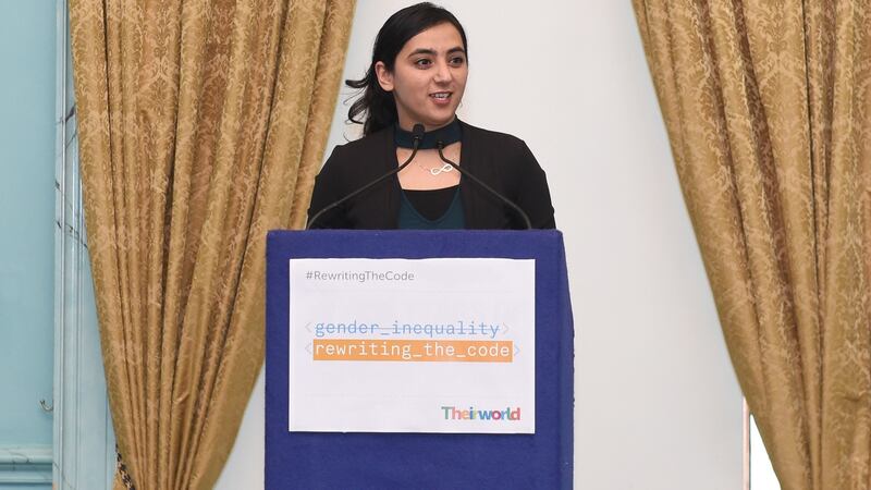 Popal speaks during Theirworld #RewritingTheCode International Women’s Day Breakfast. Photo: Getty Images