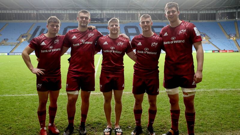 Munster’s Tony Butler, Conor Moloney, Patrick Campbell, Jonathan Wren and John Forde celebrate after winning their Heineken Champions Cup Round 1 match against Wasps at Coventry. Photograph: Dan Sheridan/Inpho