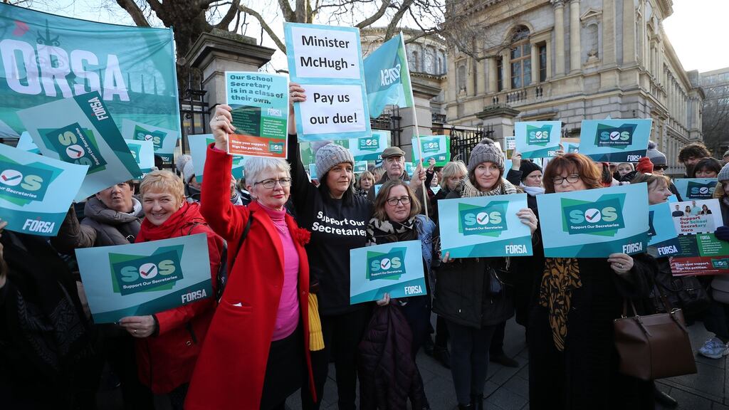 School secretaries gathered for a rally at the Dáil in January this year. Photograph Nick Bradshaw for The Irish Times