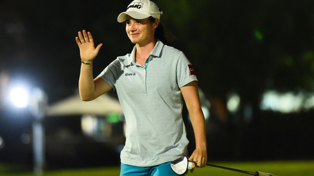 Ireland’s Leona Maguire celebrates after her last putt on day one of the Omega Dubai Moonlight Classic on May 1st. Photograph: Tom Dulat/Getty Images