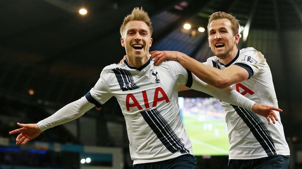 Christian Eriksen celebrates with Harry Kane after scoring the second goal for Tottenham. Photo: Lee Smith/Reuters