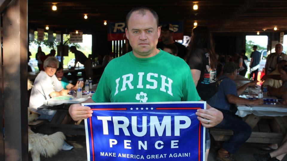 Trump’s people: a supporter in an Irish T-shirt in Johnstown, Pennsylvania. Photograph: Simon Carswell