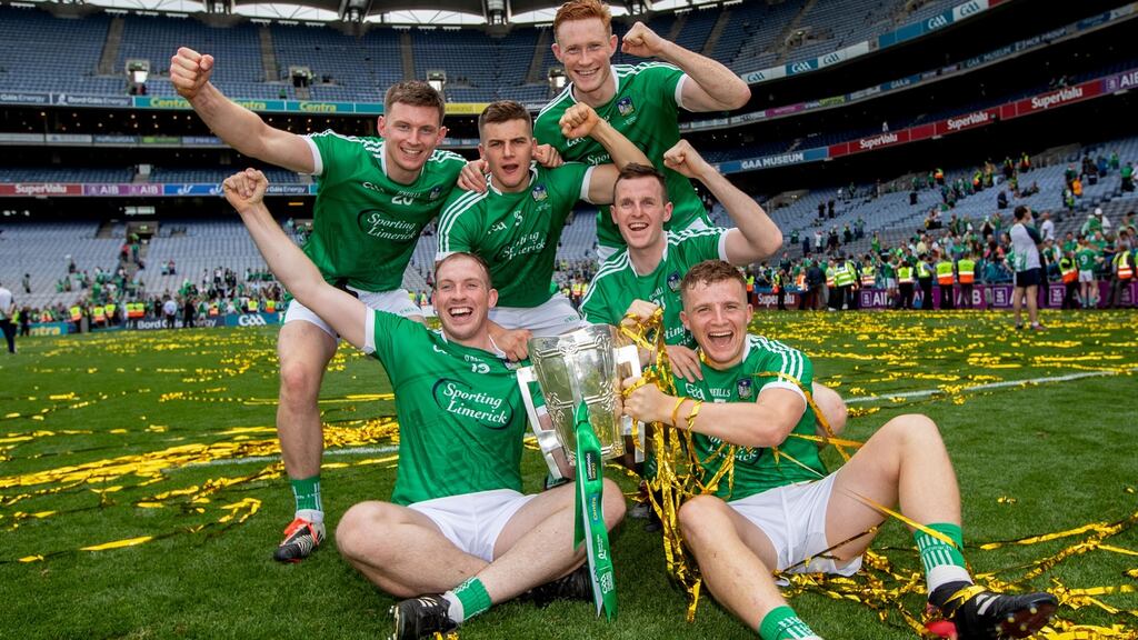 Limerick team members celebrate their victory in the GAA All-Ireland senior hurling final, Croke Park, Dublin. Photograph: ©INPHO/James Crombie