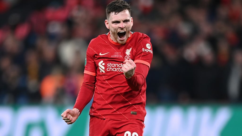 Andrew Robertson of Liverpool celebrates after winning the League Cup. Photograph: Shaun Botterill/Getty