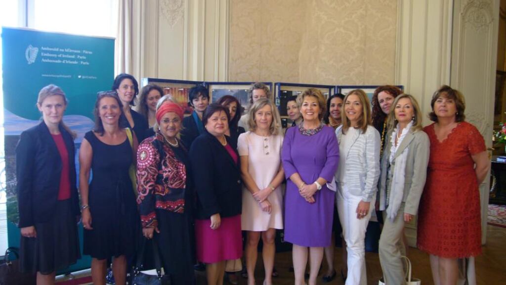 Ambassador Geraldine Byrne-Nason (in purple, front row) with Senator Helene Conway-Mouret (on her left) and guest of honour Marie-Christine Saragosse (to her right). Photograph: Lara Marlowe