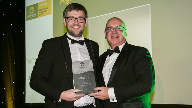 Denis O’Brien, Director of Standards & Solutions, GS1 Ireland presents the Agribusiness Rising Star 2017 award to Shane Ganley - That's Farming Media.