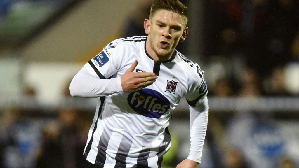 Sean Murray celebrates scoring Dundalk’s second goal against Waterford. Photograph: Ciaran Culligan/Inpho