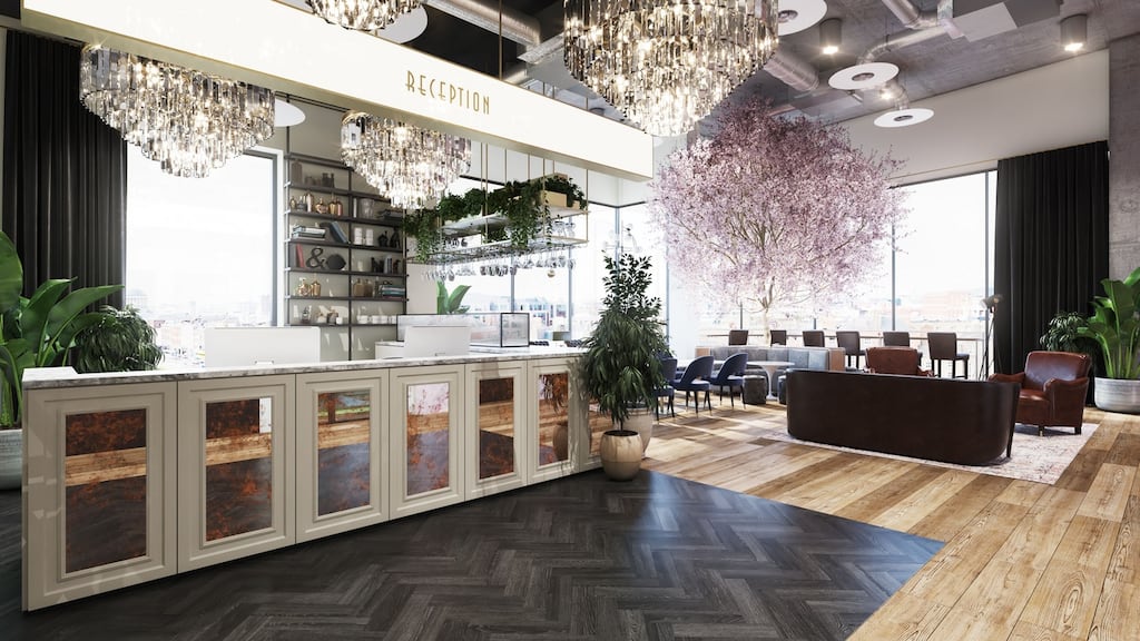 An artist’s impression of the reception and lounge area at the Lennox Building in Dublin 8.