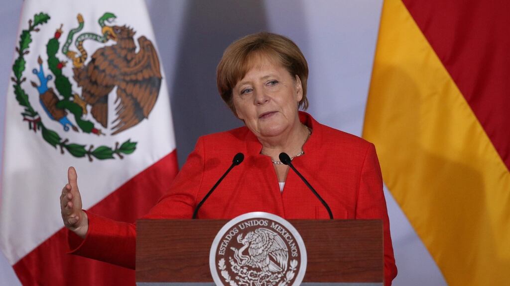 German chancellor Angela Merkel delivers a speech in Mexico City, Mexico, earlier this month. Germany’s private sector was mainly weighed down by weaker activity in the services sector. Photograph: Edgard Garrido/Reuters