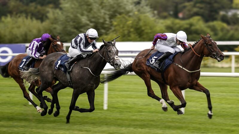 Daniel Tudhope riding Laurens (right) to win the Coolmore Fastnet Rock Matron Stakes from Alpha Centauri at Leopardstown. Photograph: Alan Crowhurst/Getty Images