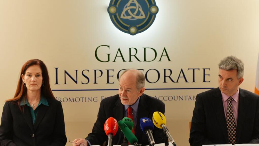 Deputy Chief Inspector, Robert Olson (centre), Chief Inspector and Mark Toland, Deputy Chief Inspector Garda Inspectorate at tonight’s press conference. Photograph: Alan Betson/The Irish Times
