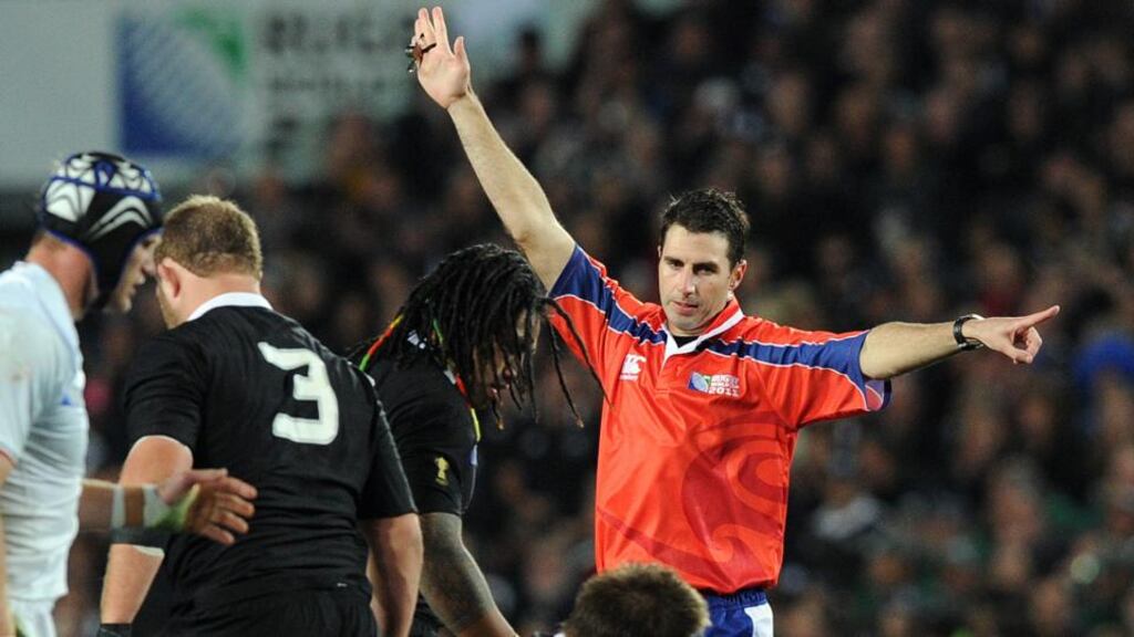 Referee Craig Joubert of South Africa didn’t endear himself to French fans with his display in the 2011 Rugby World Cup final between New Zealand and France at Eden Park Stadium in Auckland. Photo: Gabriel Bouys/Getty Images
