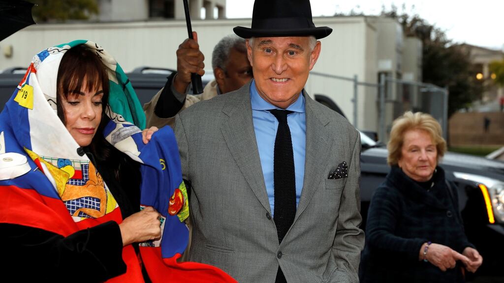 Roger Stone, former campaign adviser to US president Donald Trump, arrives with his wife Nydia for the continuation of his criminal trial on charges of lying to Congress, obstructing justice and witness tampering at the district court in Washington DC on Tuesday. Photograph: Yuri Gripas/Reuters