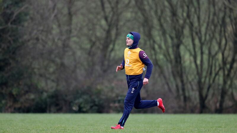 Jonathan Sexton training alone on the back pitch on Friday morning. Photograph: Dan Sheridan/Inpho