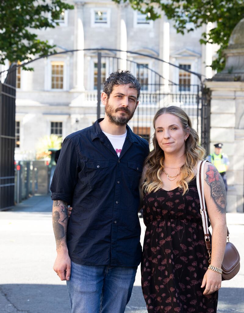 Harvey's parents Stephen Morrison and Gillian Sherratt outside Leinster House after attending the the first day of this Dáil session. Photograph: Sam Boal/Collins