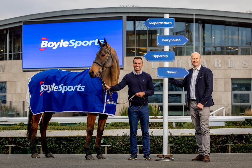 BoyleSports chief executive Vlad Kaltenieks and HRI Racecourses chief executive Paul Dermody with Dubai Devil at Leopardstown Racecourse, Co Dublin. Photograph: Morgan Treacy/Inpho